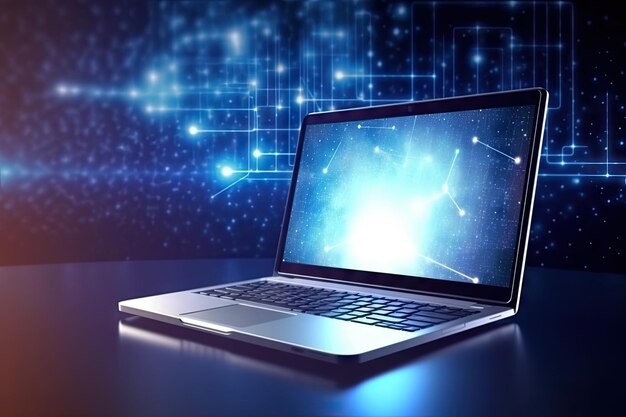 Laptop moderno intrappolato nel vortice vorticoso della nanotecnologia dei dati e dell'intelligenza artificiale