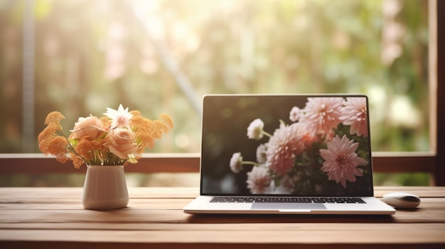 Laptop moderno su scrivania in legno con decorazione floreale all'interno