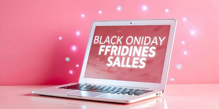 Foto laptop piatto con sconto olografico segni concetto come scatto orizzontale di un laptop su una superficie bianca