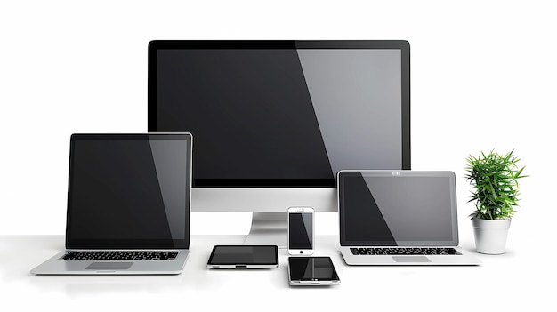Laptop, smartphone, tablet e computer su sfondo bianco Illustrazioni generative di AI