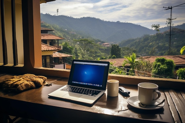 laptop su un tavolo con vista sul paesaggio colombiano Stile di vita digitale in Colombia Generato dall'intelligenza artificiale