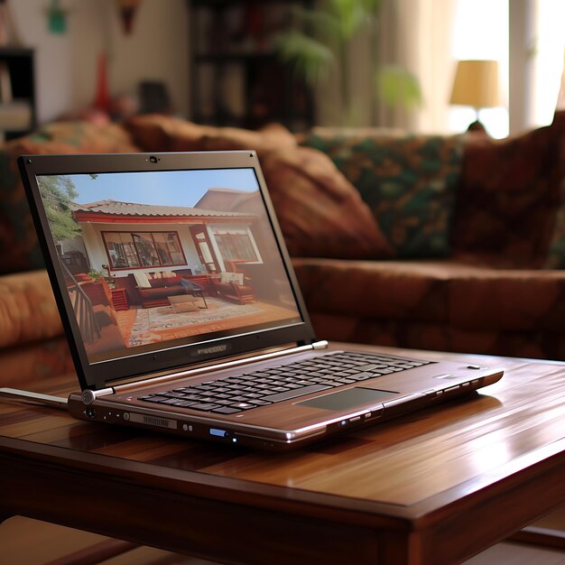 Laptop su un tavolo di legno da vicino Ai Generative