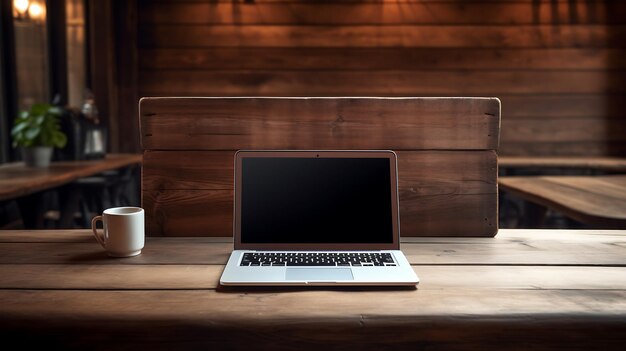 Laptop su un tavolo di legno in un caffè con una tazza di caffè