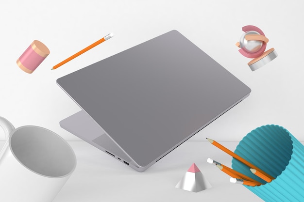 Laptop Sul Desktop Lato Posteriore Destro In Sfondo Bianco