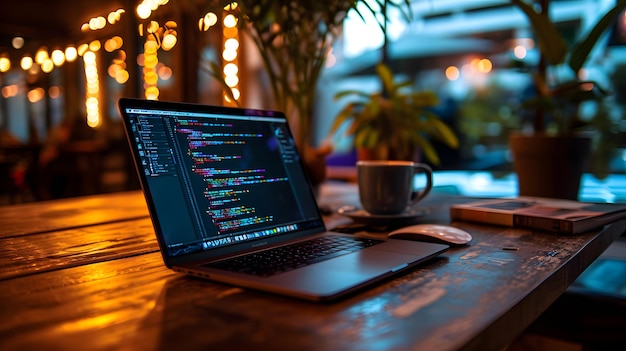 Laptop sul tavolo con editor di codice aperto Background tecnologico in stile programmazione