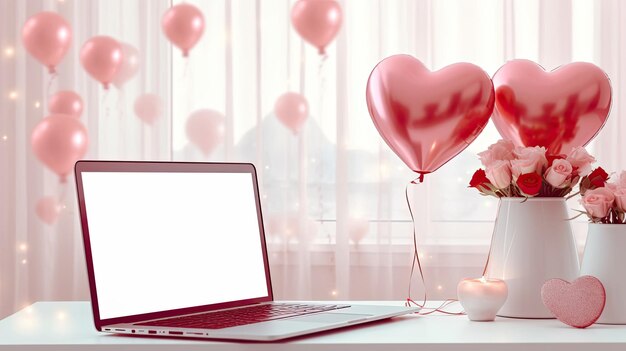 Laptop uno schermo bianco mock up su un tavolo con una decorazione di San Valentino con palloncini a forma di cuore petali e un bouquet di fiori online saluti festivi lavoro a distanza shopping AI generato