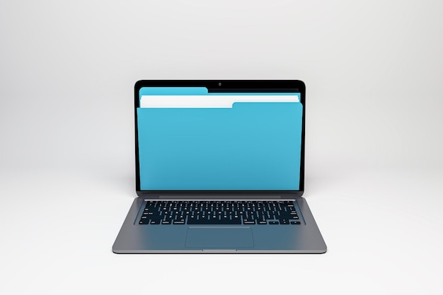 laptop with blue folder on screen symbolizing digital data storage 3d rendering