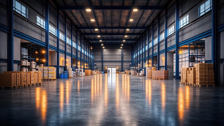 Large empty warehouse with shelves and boxes illuminated with bright lighting