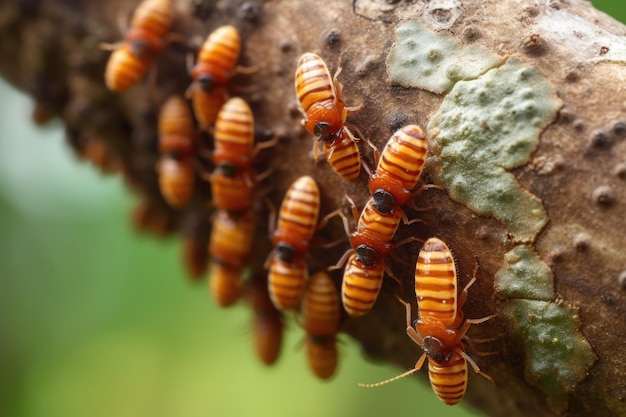 Larve di scarabeo che strisciano sull'albero creato con l'IA generativa