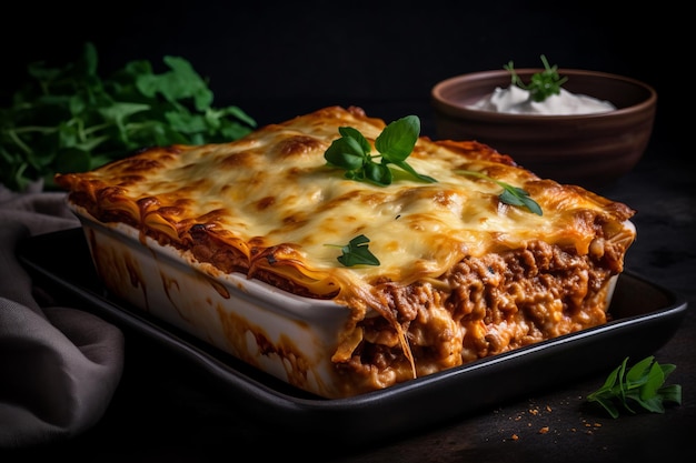 Lasagna al forno su un vassoio di ceramica AI generativa