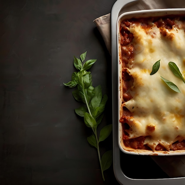 Lasagna appena cotta con strato superiore croccante sgranato dall'AI