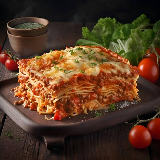 Lasagna bolognese con pomodori e formaggio su tavolo di legno