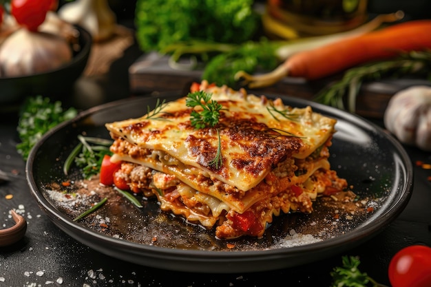 lasagna con carne macinata e verdure su un tavolo di legno