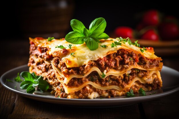 Lasagna di carne italiana fatta in casa su un tavolo di legno