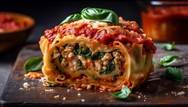 Lasagna fresca fatta in casa, pasto gourmet salato pronto da mangiare generato dall'intelligenza artificiale