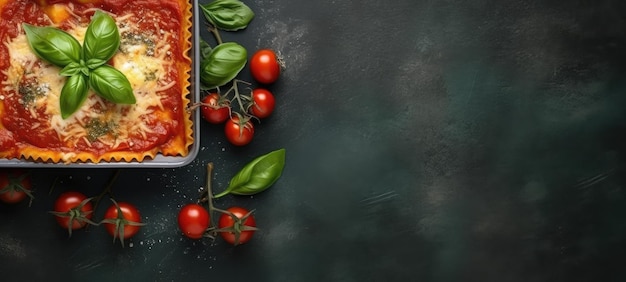 lasagne basilico banner spazio libero testo mockup fast food vista dall'alto vuota fonografia professionale