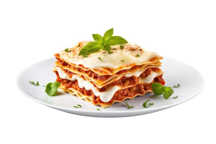 Lasagne isolate su sfondo bianco Pezzo di lasagne con ragù alla bolognese su piastra Cucina italiana