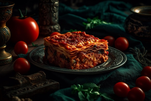 Lasagne italiane tradizionali con pomodori e spinaci su sfondo nero