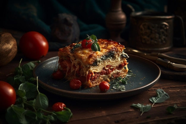 Lasagne italiane tradizionali con pomodori e spinaci su sfondo nero