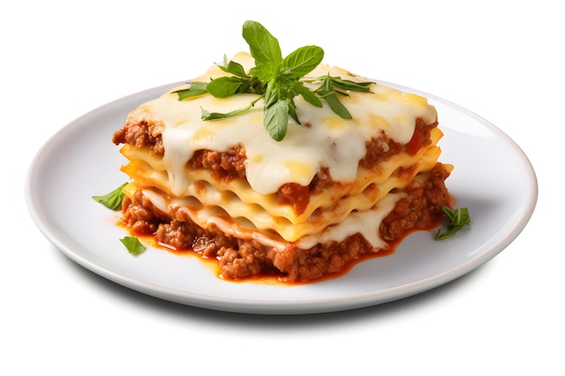 Lasagne su un piatto isolato sfondo bianco