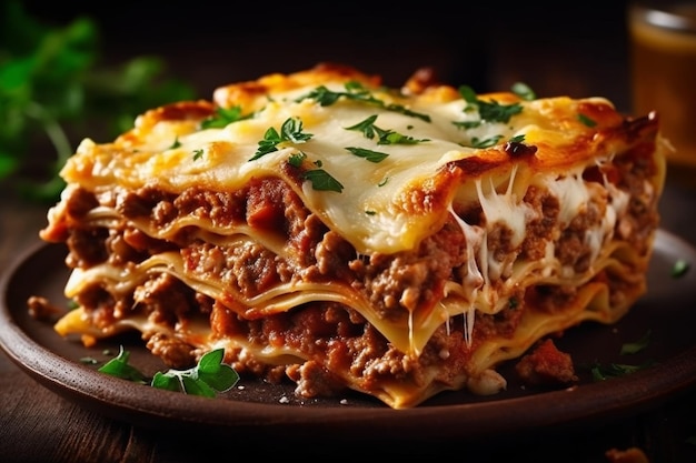 Lasagne tradizionali con ragù alla bolognese condite con foglie di basilico servite su piatto