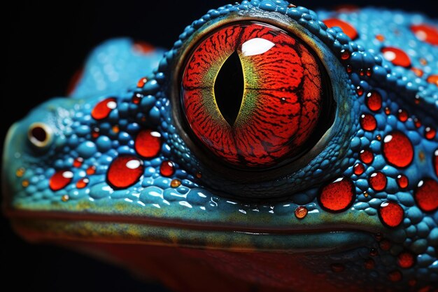 Lasciati affascinare dai colori vivaci e dai dettagli intricati di un primo piano di un occhio di rana rosso e blu Vista di un ricevimento di nozze dalla prospettiva dell'occhio degli uccelli Generato dall'IA