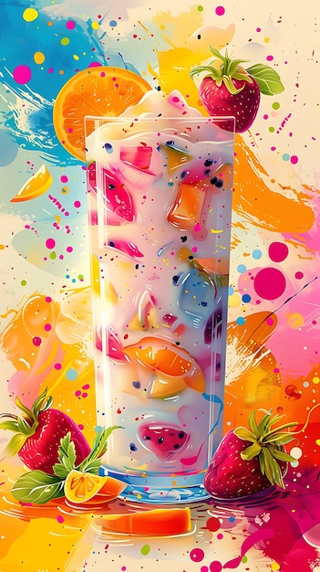 Lassi Bar Varietà di sapori di lassi e frutta Decorazione Divertente Illustrazione Cibo Bevanda Sapori indiani