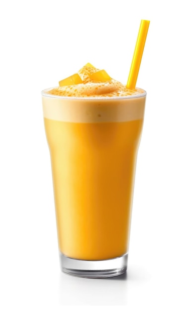 Lassi di mango frullato fresco con frutta di mango in uno studio di sfondo bianco isolato