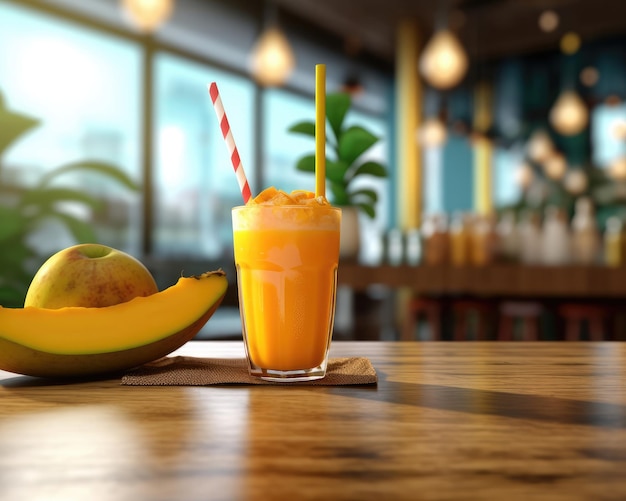 Lassi di mango frullato fresco con frutta di mango nel ristorante con giardino sullo sfondo dello studio