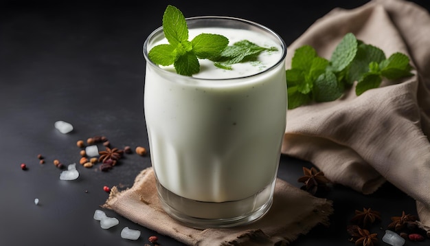 Lassi salato indiano con foglie di menta su sfondo nero