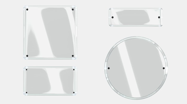 Lastre di vetro rotonde di forme quadrate e rettangolari con metallo imbullonato isolato su sfondo bianco Cornici da parete vuote impostano banner mockup di acrilico o plexiglass per la visualizzazione