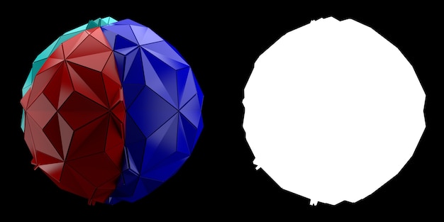 Latar belakang abstrak render 3D. Geometri segitiga dan hasil ekstrusi dari bola. Geometri fraktur berwarna positif. Gambar dengan mask.