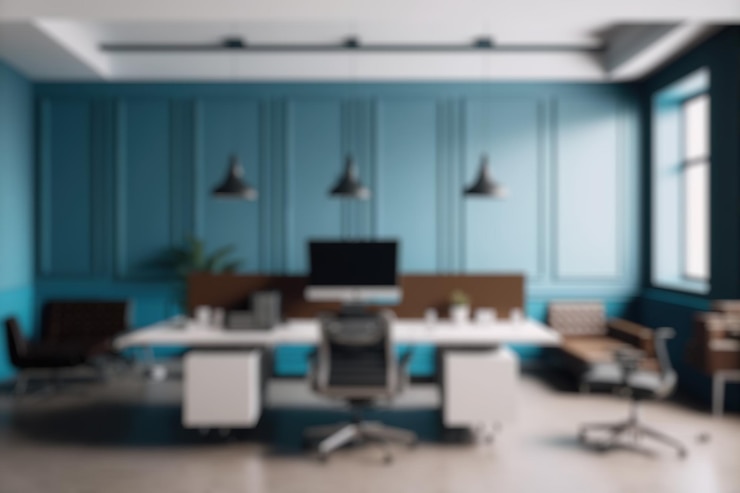 Photo latar belakang buram desain interior kantor modern ruang kerja kontemporer untuk bisnis kreatif