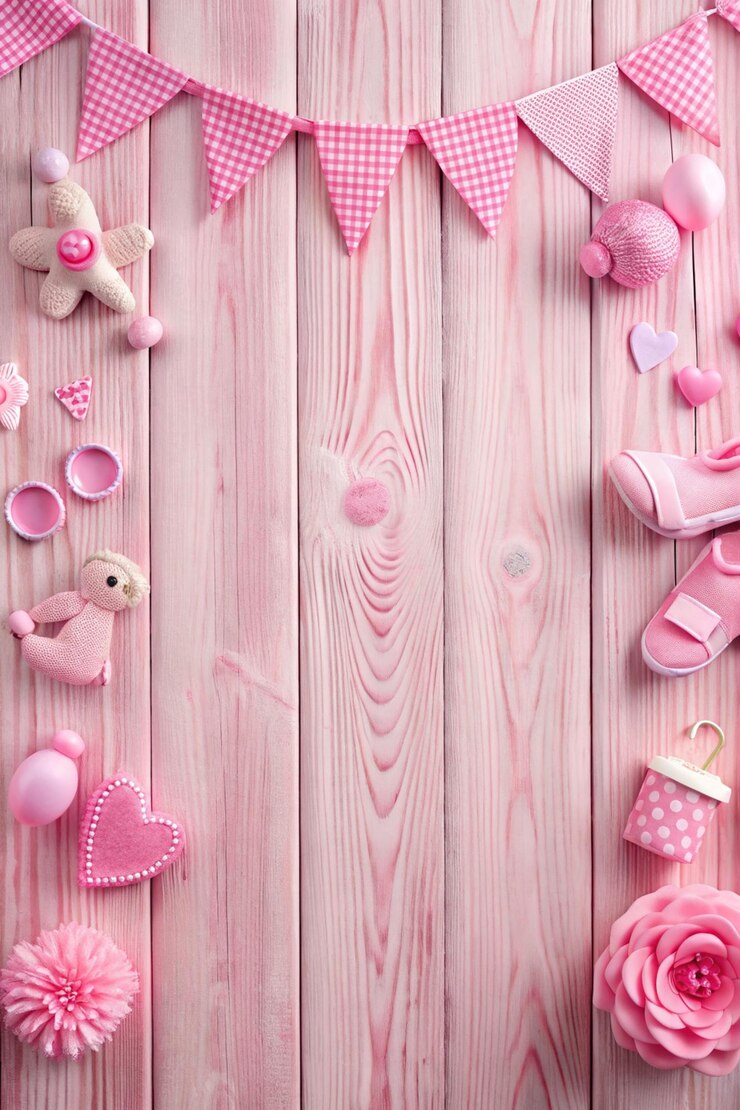 Latar Belakang Kamar Mandi Bayi Warna Merah Muda Tema Perempuan latar belakang Baby Shower atau Kamar Bayi tema merah muda dengan dekorasi di bagian tepi pada latar belakang kayu merah muda