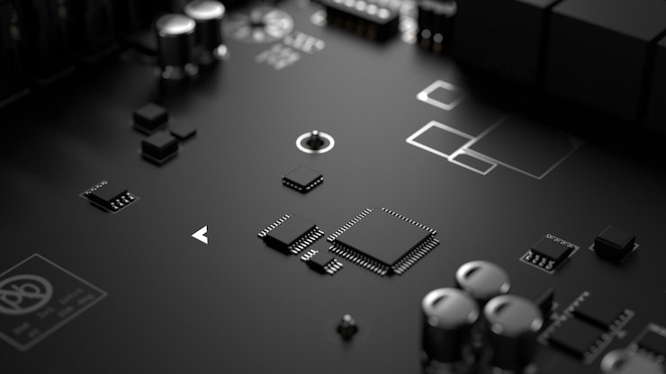 Photo latar belakang microchip dengan sirkuit terintegrasi