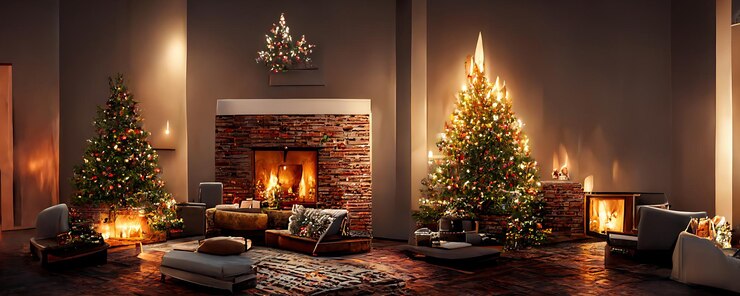 Latar belakang Selamat Natal dengan hadiah di samping Pohon Natal di ruangan yang didekorasi dengan perapian Ilustrasi Digital