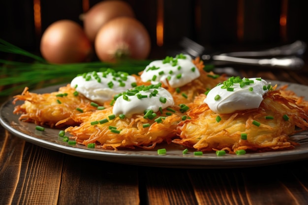 Latkes su un piatto con erba cipollina tritata e panna acida