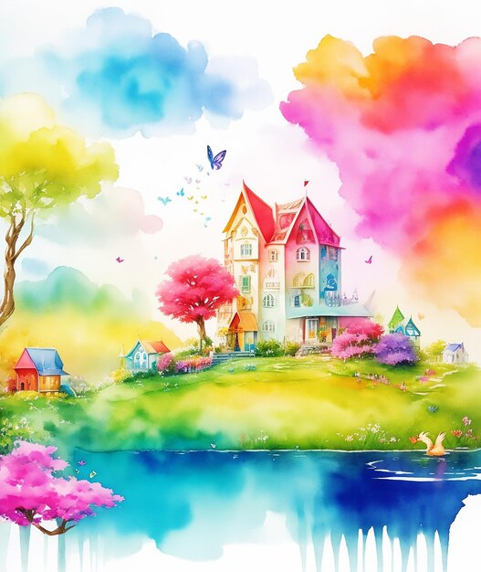 lato del lago geometrico cottage carino palazzo misterioso arcobaleno vernice soffice su carta immagine acquerello HD