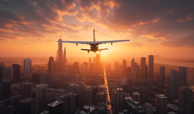 Lato posteriore dell'aereo che sorvola la città Aereo in volo sopra la metropoli al tramonto IA generativa