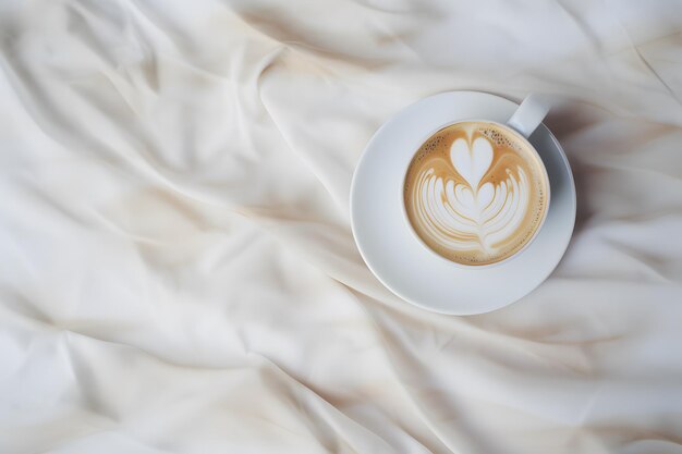 latte art creata in una tazza su una tovaglia bianca dai toni sfumati dolcemente