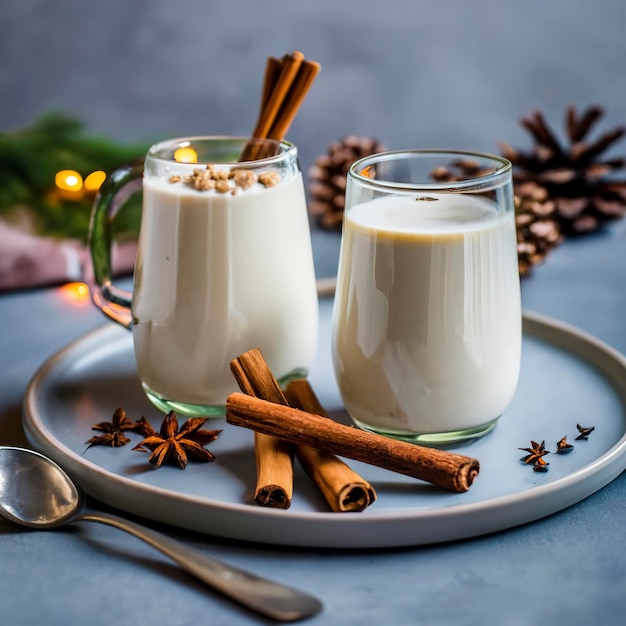 Latte caldo e schiumoso con sciroppo e spezie invernali