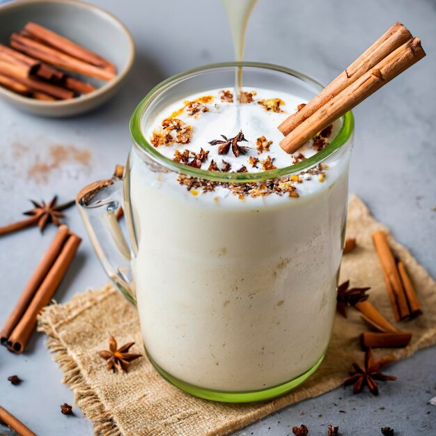 Latte caldo e schiumoso con sciroppo e spezie invernali