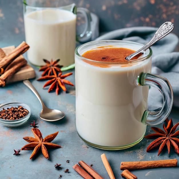 Latte caldo e schiumoso con sciroppo e spezie invernali