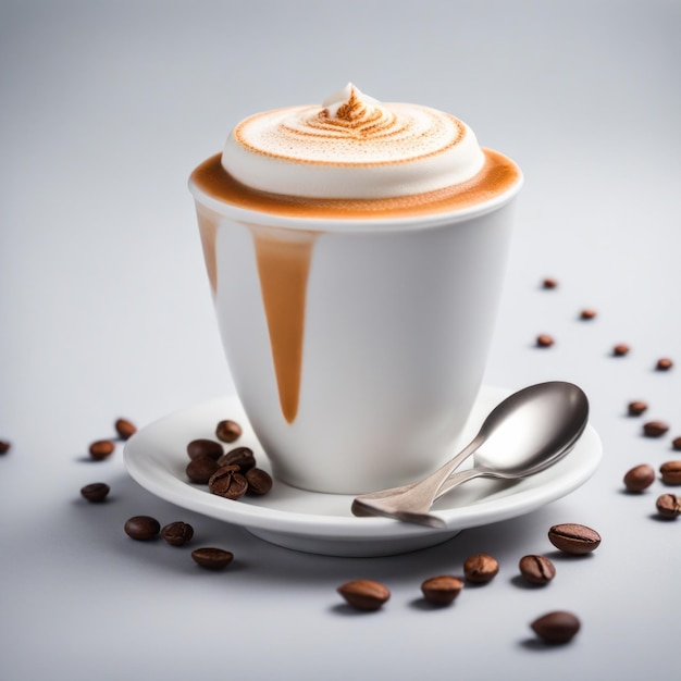 Latte con chicchi di caffè cappuccino fotografia professionale