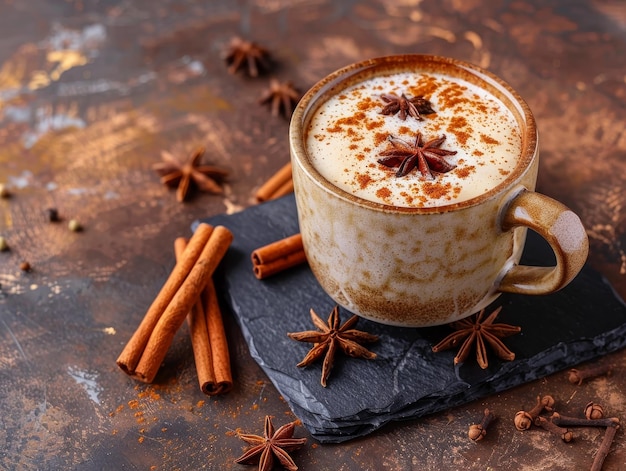 Latte condito in una tazza rustica con cannella e anice stellato su uno sfondo scuro