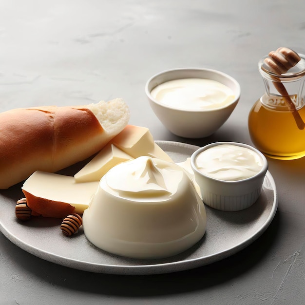 latte cremoso turco kaymak miele e pane su un piatto da colazione su sfondo grigio