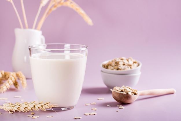 Latte d'avena fatto in casa in un bicchiere e farina d'avena sul tavolo Alternativa al lattosio