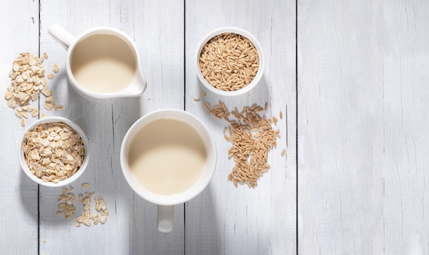 Latte di avena sano in bottiglia di vetro e semi di avena e vetro sulla ciotola di vetro