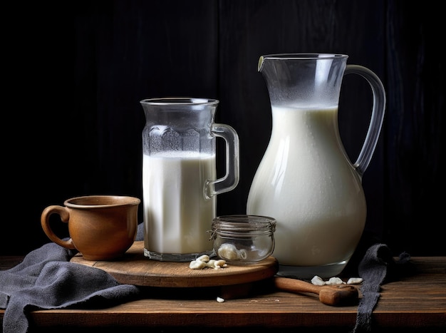 Latte di mucca fresco in un bicchiere e una brocca su un tavolo di legno