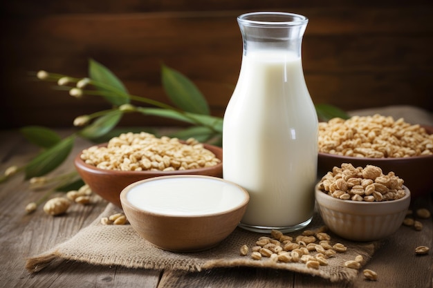 Latte di soia e cereali su tavolo di legno con sfondo di cucina rustica concetto di latte alternativo davanti vi